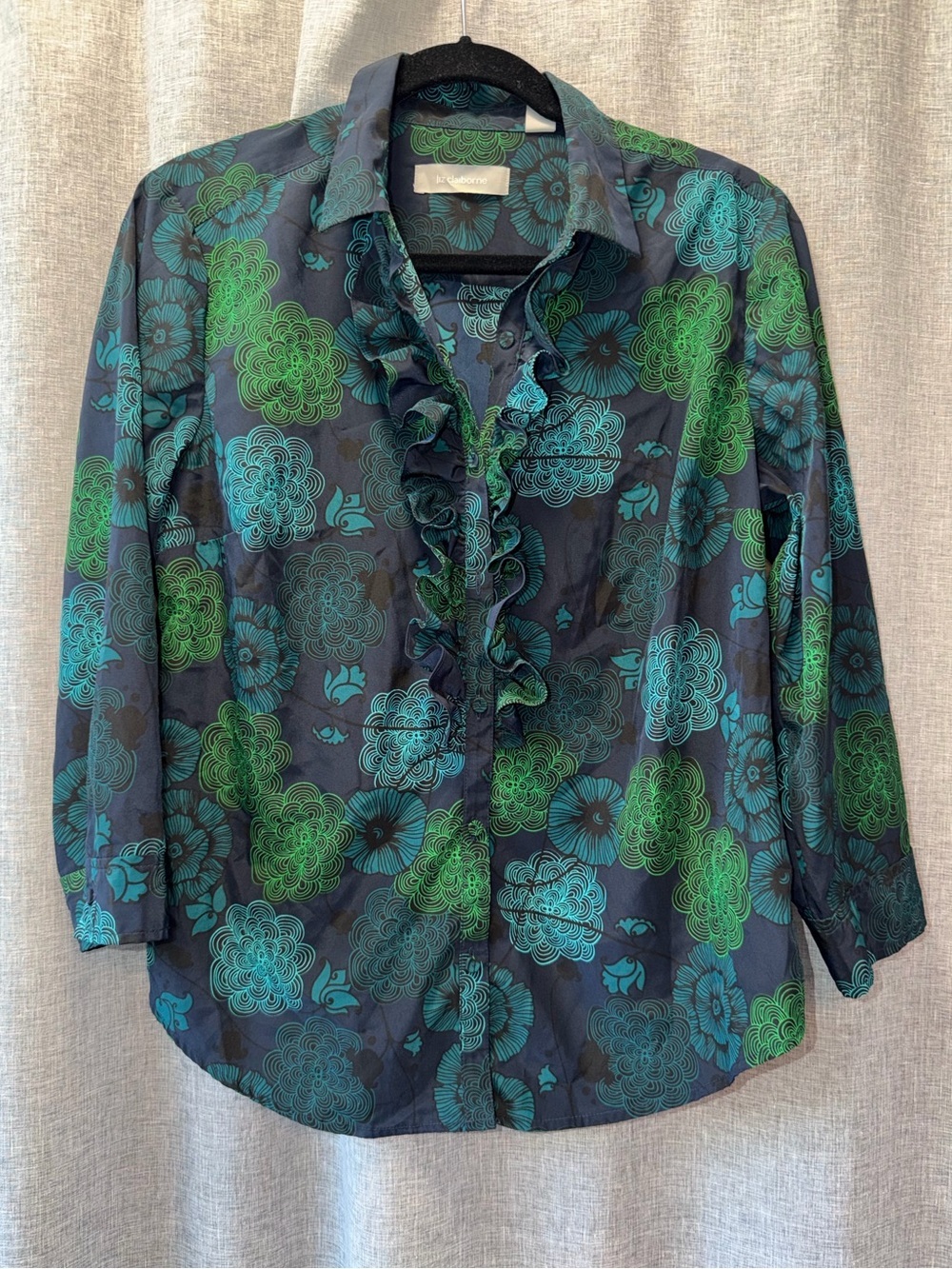 Liz Claiborne Navy Blouse with Teal and Green Floral Print Large